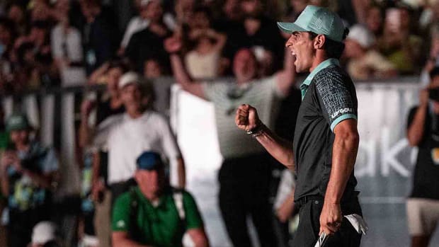Captain Joaquín Niemann of Torque GC celebrates after making his putt on the fourth playoff hole to win LIV Golf Mayakoba at the El Camaleón Golf Course on Sunday, Feb. 4, 2024. in Playa del Carmen, Mexico.